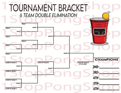 6 Team Double Elimination Beer Pong Tournament Bracket Instant Digital