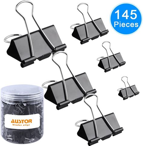 Austor 145 Binder Clips Pinzas Pinzas Abatibles De Varios Colores 6 Tamaños De Papel Negro