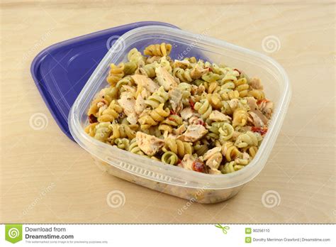 Baked Salmon Pasta Salad In Plastic Storage Container Stock Photo