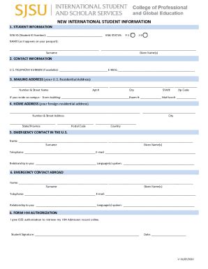 Fillable Online SJSU ID Student ID Number VISA STATUS Fax Email