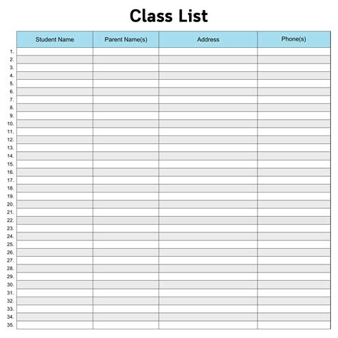 Free Printable Class List Template Printable Templates