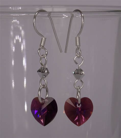 Sterling Silver Purple Swarovski Heart Earrings Etsy