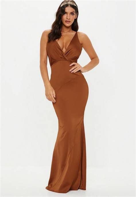 Bridesmaid Bronze Satin V Plunge Maxi Dress Flowy Dress Long Plunge