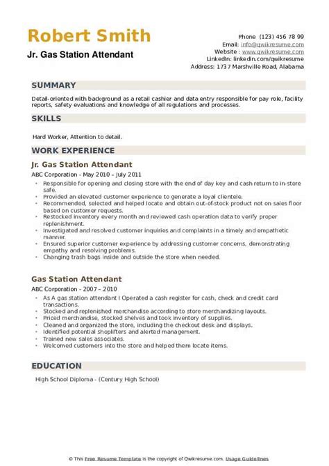 Gas Station Attendant Resume Samples | QwikResume