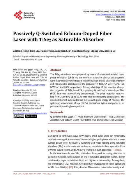 PDF Passively Q Switched Erbium Doped Fiber Laser With TiSe 2 As