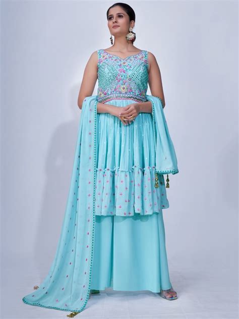 Buy Sky Blue Embroidery Chiffon Palazzo Suit At Ethnic Plus