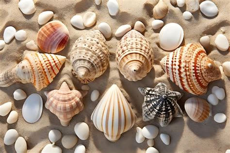 Una colección de conchas marinas en una playa Foto Premium