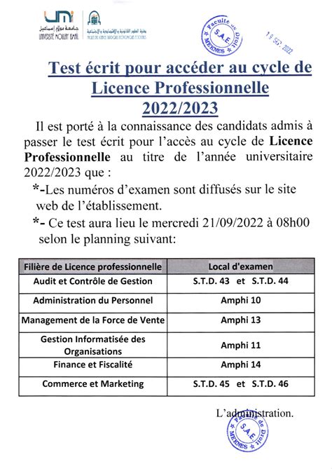 Test Crit Pour Acc Der Au Cycle De Licence Professionnelle