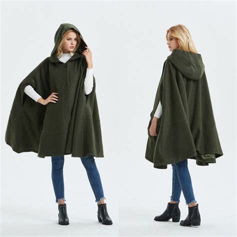 Green Hooded Wool Cloak Capes Long Hooded Wool Coat Cloak Etsy