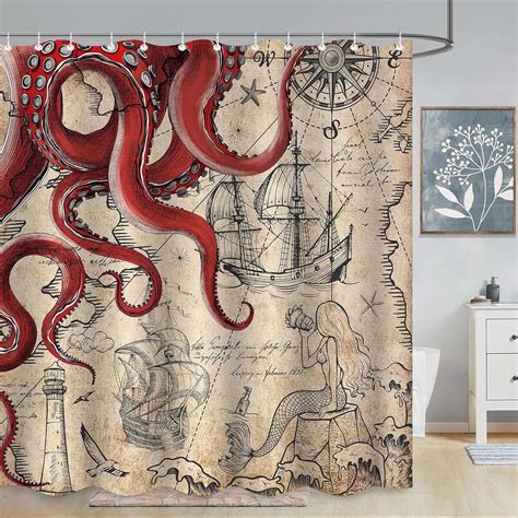 Vintage Red Nautical Octopus Shower Curtain Mermaid Funny Ocean Kraken