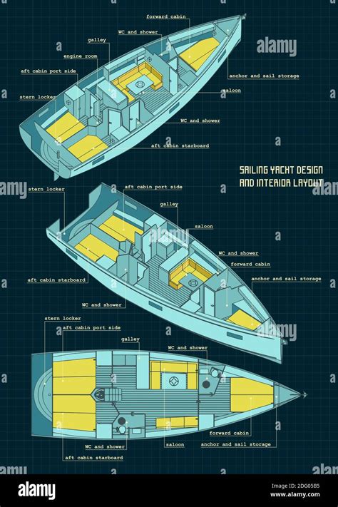 Ilustración vectorial estilizada de los planos de un diseño de velero y