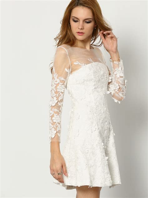 White Round Neck Sheer Mesh Lace Dress Shein Sheinside