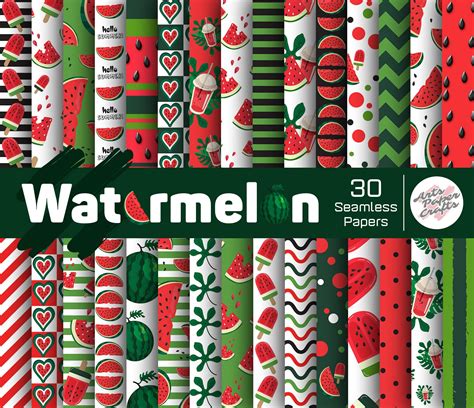 Watermelon Summer 30 Pattern Paper Summer Party Paper Red Green White Paper Digital Instant