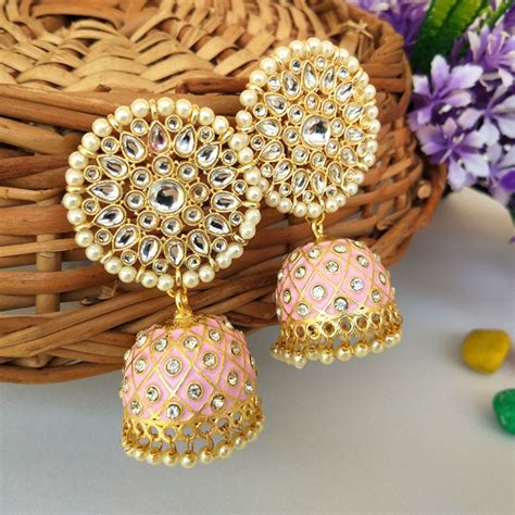 Pink Traditional Jhumka Earring For Wedding Fashioncrab