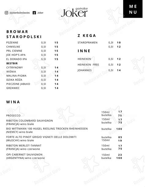 Menu At Cafe Bar Joker Boleslawiec