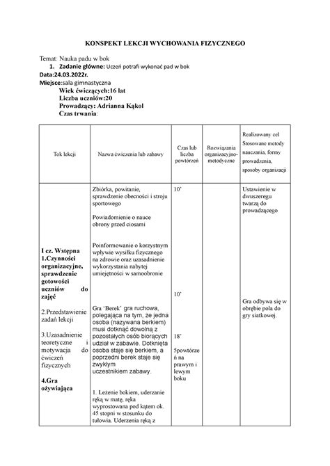 Pad W Ty Metodyka Nauczania Konspekt Lekcji Wychowania Fizycznego