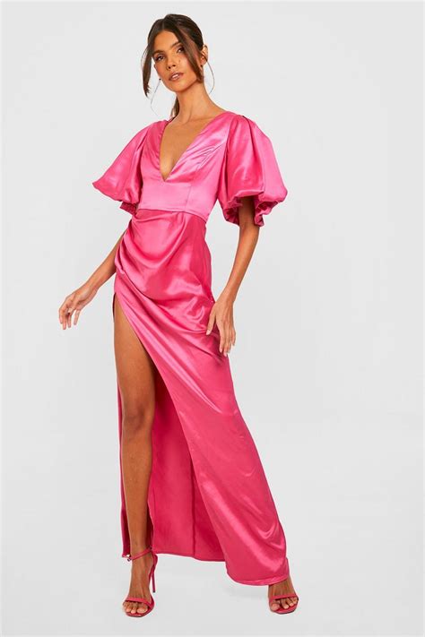 Robe Longue Satinée à Manches Bouffantes Boohoo