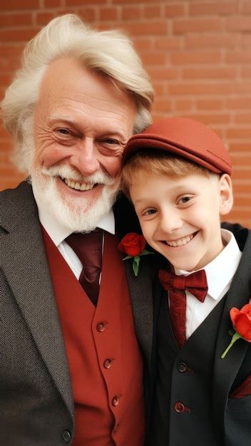 Premium Photo Portrait Of Grandfather And Grandson With Red Roses On