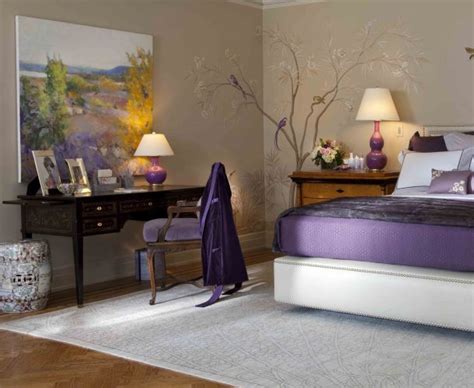 Purple bedroom decor ideas with grey wall and white accent ~ Home Interior and Decoration