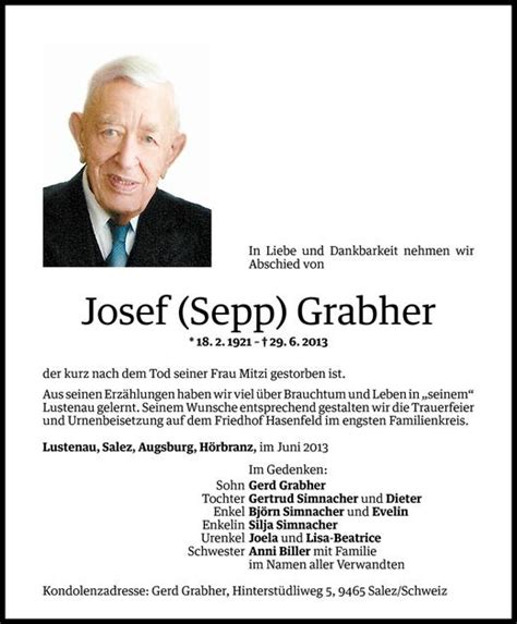 Todesanzeigen Von Josef Sepp Grabher Todesanzeigen Vorarlberger