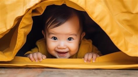 Premium Photo Asian Baby Boy Playing Hide And Seek Hiding Face With