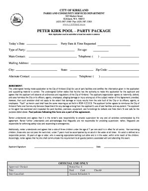 Fillable Online Kirklandwa Peter Kirk Pool Party Package City Of