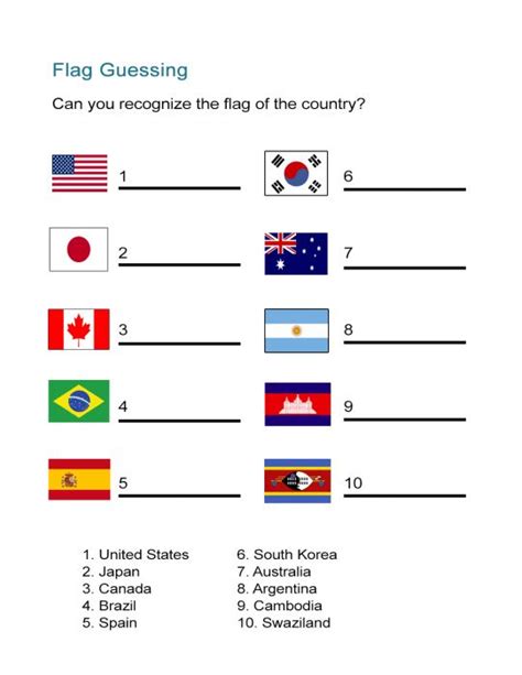 Flag Worksheet: Identify Country Flags Quiz