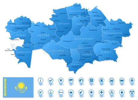 Blue Map Of Kazakhstan Administrative Divisions With Travel Infographic