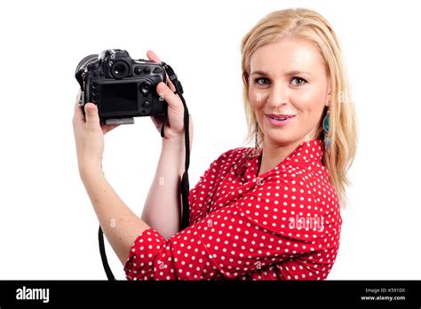 Smiling Pretty Blonde Woman Photographer With Camera On White Stock Photo Alamy