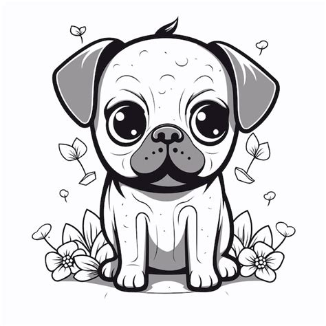 Lindo perro pug con flores y hojas ilustración vectorial Vector Premium