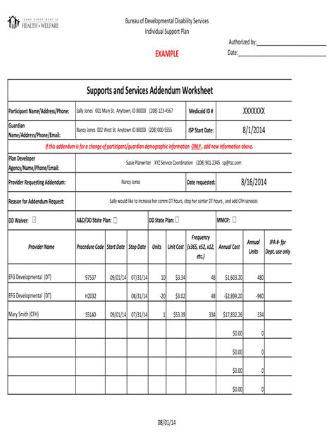 Fillable Online Healthandwelfare Idaho Supports And Services Addendum