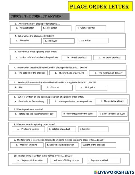 Placing Order Letter Worksheet Live Worksheets