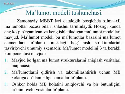 Malumotlar Bazasi Modellari Mohiyat Aloga Modeli Mavzu 3