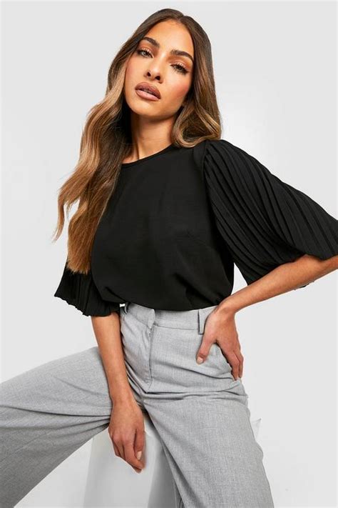 Black Pleat Sleeve Woven Blouse Boohoo Uk