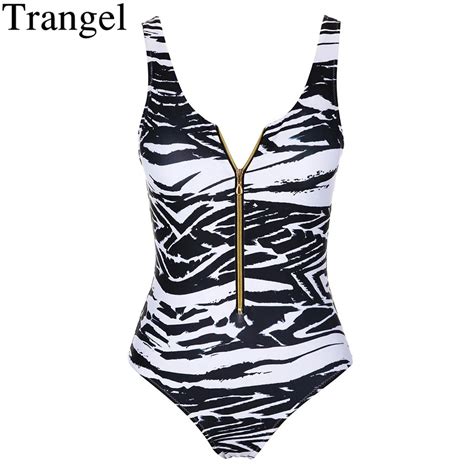 Trangel Sexy One Piece Swimsuit Zipper Monokini Zebra Print Swimsuit