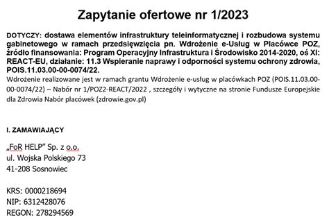 ZAPYTANIE OFERTOWE Centrum Medyczne FoR HELP