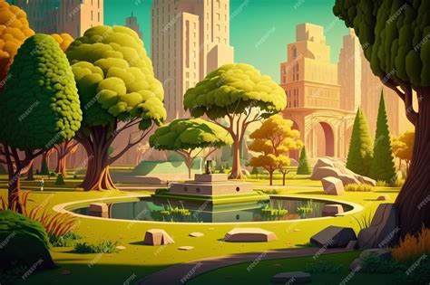 Premium AI Image | A cartoon scene of a park with a pond and a building ...