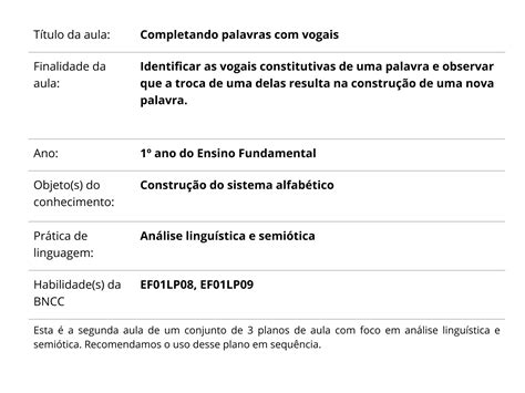 Completando palavras vogais Planos de aula 1º ano Língua