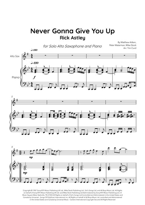 Never Gonna Give You Up Arr Tim Curd By Rick Astley Sheet Music For