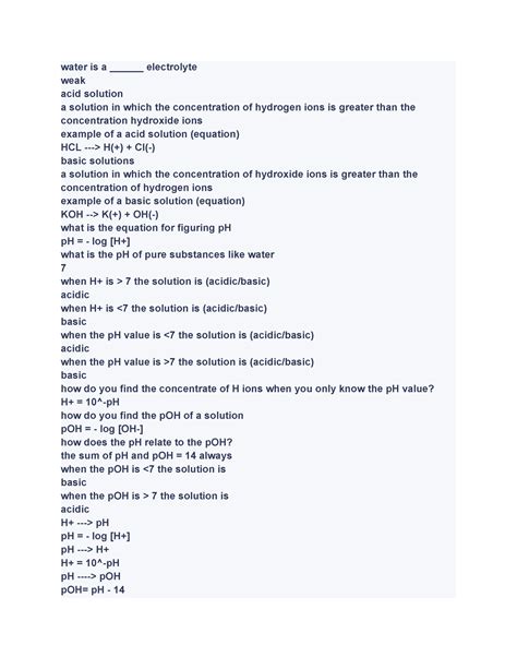 CHE103 6 EXAM REVIEW HELP Water Is A Electrolyte Weak Acid