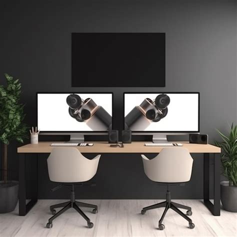 Premium Ai Image Two Computer Monitors On A Desk With Two Chairs And A Plant Generative Ai