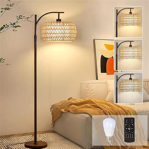 Arc Floor Lamp For Living Room Rattan Boho Floor Lamp With Remote