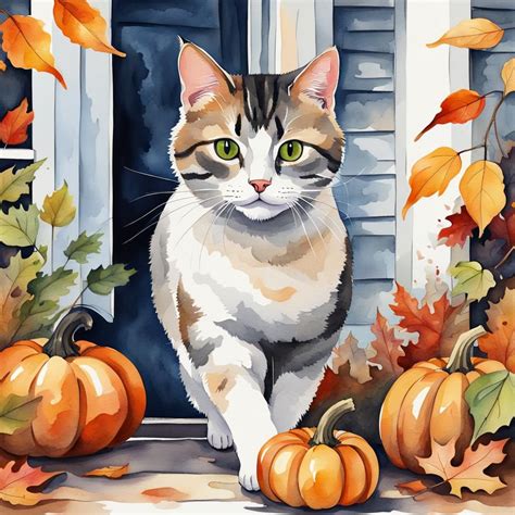 Cute Cat Running In A Fall Cottage Front Pumpkin Leaves Illustration