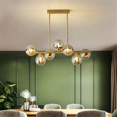 Mid Century Modern Gold Metal Island Pendant Lighting Spherical Amber Glass Island Ceiling Light