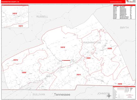 Washington County Va Zip Code Wall Map Red Line Style By Marketmaps