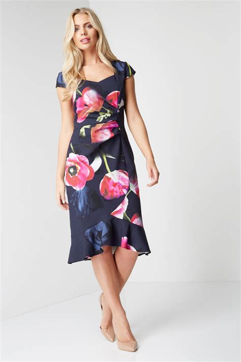 Floral Print Sweetheart Scuba Dress In Navy Roman Originals UK