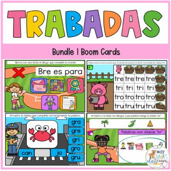 Sílabas trabadas Boom Cards Bundle Digital Spanish Blends TPT