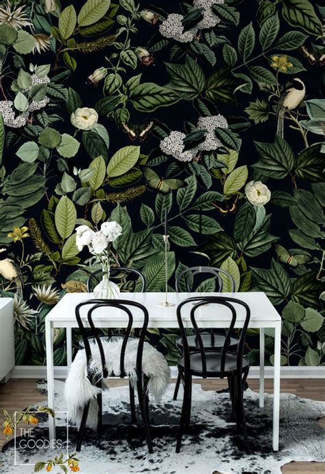 Dark Floral Wallpaper Vintage Butterflies And Birds Wall Etsy