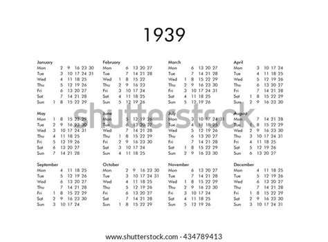 Vintage Calendar Year 1939 All Months Stock Illustration 434789413