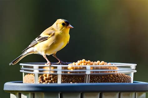 Premium Photo | A bird is perched on a bird feeder with a yellow bird ...